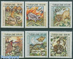 Zimbabwe 2001 Animal Tales 6v, Mint NH, Nature - Transport - Birds - Hippopotamus - Monkeys - Rabbits / Hares - Turtle.. - Pompieri