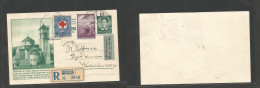YUGOSLAVIA. 1937 (19 Sept) Belgrade - Karlovo. Revistered Illustrated 0,7 Dinar Green Stat Card + 2 Adtls Incl Red Cross - Altri & Non Classificati