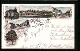Lithographie Langsdorf, Kirche, Licher-Strasse, Hauptstrasse - Lich