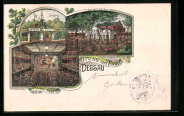 Lithographie Dessau, Bienenwirtschaftliche Ausstellung 1905, Gasthaus Tivoli Eingang, Inneres Theater-Saal - Teatro