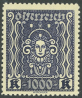 ÖSTERREICH 1918-1938 404B , 1922, 1000 Kr. Schwärzlichblauviolett, Gezähnt L 111/2, Postfrisch, Pracht, Mi. 630.- - Altri & Non Classificati