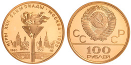 Delcampe - 100 Rubel Oly. Moskau 1980, Moskau. Olymisches Feuer. 17,28 G. 900/1000. In Kapsel. Polierte Platte. Parch. 269b. - Rusland