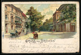 Lithographie Bremen, Siedenburgs Hotel, Stadttheater - Teatro