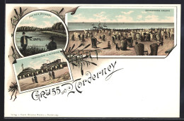 Lithographie Norderney, Auf Der Schanze, Georghöhe U. Giftbude Und Strandkorb Kolonie - Norderney