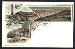 Lithographie Norderney, Damenstrand Von Der Lesehalle Aus, Kaiser-Strasse Und Partie In Den Dünen - Norderney