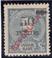 Inhambane, D. Carlos I Com Sob. Republica, 50 R. S/ 65 R. Azul, 1914, Mundifil Nº 87 MH - Inhambane