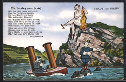 Delcampe - AK Loreley-Felsen /Rhein, Humoristische Darstellung Mit Dampfschiff Und Gedicht - Loreley