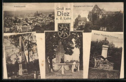 Delcampe - AK Diez A.d. Lahn, Rezeptur Mit Schloss, Schlossbrunnen, Kaiser Friedrich-Denkmal, Kriegerdenkmal, Wappen - Diez