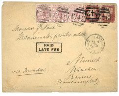 Delcampe - CYPRUS : 1879 GB 1d (x2) + 2 1/2d (x3) Canc. 942 + LARNACA CYPRUS + Boxed PAID LATE FEE On Envelope Via BRINDISI To MUNC - Cipro (...-1960)