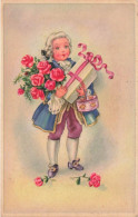 Delcampe - [-25%] ILLUSTRATEUR - Enfant Avec Des Fleurs Et Un Cadeau - Carte Postale Ancienne - Unclassified