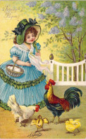 Delcampe - [-50%] Vœux - Joyeuses Pâques - Enfants Qui Ramasse Des œufs - Coq - Poule - Poussins - Carte Postale Ancienne - Ostern