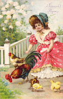 Delcampe - [-50%] Vœux - Joyeuses Pâques - Enfants Qui Ramasse Des œufs - Robe Roses A Pois - Coq - Carte Postale Ancienne - Ostern