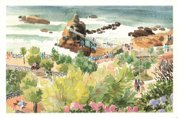 Delcampe - [-10%] FRANCE - Biarritz - Rocher De La Vierge - Aquarelle De Dominique Bruyant - Art - Oblit 1990 - Carte Postale - Biarritz