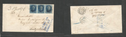 Delcampe - Usa. 1879 (30 Sept) NYC - Switzerland, Obevendingen (12 Oct) Registered Large ABN Multifkd Env, Blue Corks, Horiz Strip - Sonstige & Ohne Zuordnung