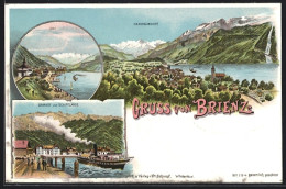 Delcampe - Lithographie Brienz, Bahnhof Und Schifflände, Quai, Totalansicht - Brienz
