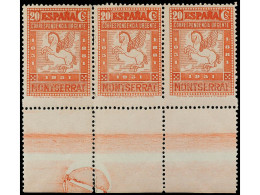 Delcampe - ** ESPAÑA. 20 Cts. Rojo. Tira De Tres, Margen Inferior Dentado Muy Desplazado. Ed.649. - Altri & Non Classificati