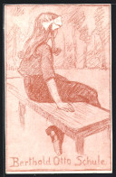 Delcampe - Künstler-AK Berlin-Lichterfelde, Mädchens Auf Einer Bank Der Berthold Otto Schule - Lichterfelde