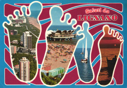 Delcampe - LIGNANO SABBIADORO , UDINE, BEACH, UMBRELLA, BOATS, SUNSET, TOWER BUILDINGS, RESTAURANT, TENT, POSTCARD, ITALY - Udine