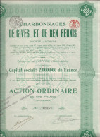 Delcampe - CHARBONNAGES DE GIVES ET DE BEN REUNIS - LIEGE -BELGIQUE -ACTION DE 500 FRANCS -ANNEE 1922 - Mines