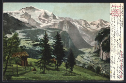 Delcampe - AK Wengen, Bergpartie Mit Ortsblick, Jungfrau, Mittag-, Gross- Und Breithorn - Wengen
