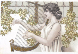 Delcampe - Illustration , Femme Jouant De La Harpe Devant Un Décor Floral - Style Art Déco - 1900-1949