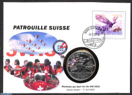 Delcampe - Switzerland 2021 Patrouilles Suisse Special Cover With Token (numisbrief), Postal History, Nature - Transport - Birds .. - Brieven En Documenten