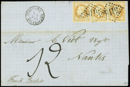 Delcampe - Lettre YOKOHAMA GC 5118 Sur N°31 En Bande De Trois Sur Lettre 1872 Pour Nantes, Taxe "12" Manuscrite, SUP, Rare Tarif à - Altri & Non Classificati