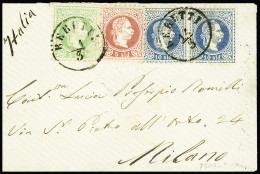 Delcampe - Lettre N°2 3sld Vert, N°3 5sld Rose Et N°4 10sld Bleu PAIRE, Tous Obl. Càd BERUTTI 14/3 S. Env., Passage BRINDISI 23/3, - Levante-Marken