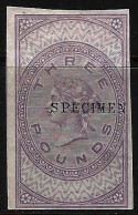 Delcampe - Great Britain QV Revenue : 3 POUNDS Proof Ovpr. SPECIMEN MM - Steuermarken