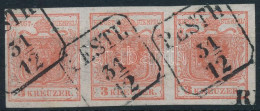 Delcampe - O 1850 3kr HP I Hármascsík, Kis Lemezhibák / Stripe Of 3 With Small Plate Flaws, Quadril Paper "PESTH 31/12" - Other & Unclassified