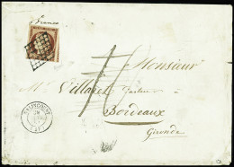 Delcampe - Lettre N°6 1f Carmin, Bien Margé Avec Voisin, Obl. Grille Sur Enveloppe De Walincourt 1851 Nord Pour Bordeaux, Taxe 10 A - 1849-1850 Ceres
