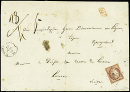Delcampe - Lettre N°6A 1f Rouge-brun (touché) Obl. PC 3169 Sur LSC De St Loup Sur Semouse 1852 Haute-Saône Pour Lucerne En SUISSE, - 1849-1850 Ceres