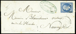 Delcampe - Lettre Variété à La Cigarette Sur N°14A Obl. PC Sur Lettre De Pont-a-Mousson, Meurthe-et-Moselle 1860 Pour Nancy, R. Cer - 1853-1860 Napoléon III