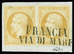 Delcampe - Obl N°23 40c Orange En Paire Sur Fragment, Rare Obl. Italienne "FRANCIA VIA DI MARE" Complète, TB. Signé Calves - 1862 Napoléon III