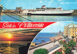 Delcampe - [-10%] ITALIE - Civitavecchia - Multivues - Coucher Du Soleil - Bateau - Pont -Bâtiments - Rue - Fleurs - Animé - Carte - Civitavecchia