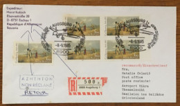 Delcampe - BRD.Einschreibe Flugpost  " Grußflugpost 50 Jahre Erstflug Me109 - 2000 J. AUGSBURG - THESSALONIKI  " 1985, - Briefe U. Dokumente