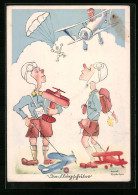 Delcampe - Künstler-AK Wir Flugschüler, Knirpse Schauen Einem Fallschirmspringer Und Einem Piloten Im Einsatz Zu - Parachutting