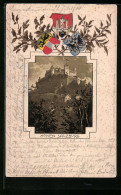 Delcampe - Passepartout-Lithographie Salzburg, Fernblick Auf Die Hohensalzburg, Wappen - Sonstige & Ohne Zuordnung