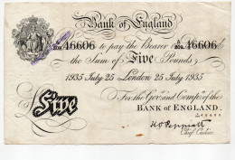 Delcampe - Billet Blanc Banque D'Angleterre Promesse De Payer Au Porteur 5 £ 25/07/1935 - 5 Pounds