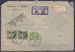 Delcampe - Chine - L. Recommandée Entête "Consulat De France" Affr. Au Dos Càd TIENTSIN /28.12.1946 Pour PARIS (passage SHANGHAI) - 1912-1949 Repubblica