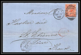 Delcampe - 35743 N°32 Victoria 4p Red London St Etienne France 1869 Cachet 78 Lettre Cover Cachet Entrée Uk England - Covers & Documents