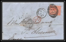 Delcampe - 35725 N°32 Victoria 4p Red London St Etienne France 1867 Cachet 75 Lettre Cover Cachet Entrée Uk England - Covers & Documents