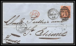 Delcampe - 35721 N°32 Victoria 4p Red London St Etienne France 1866 Cachet 74 Lettre Cover Cachet Entrée Uk England - Covers & Documents