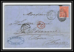Delcampe - 35694 N°32 Victoria 4p Red London St Etienne France 1870 Cachet 71 Lettre Cover Cachet Entrée Uk England - Covers & Documents