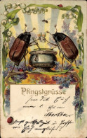 Delcampe - Gaufré Lithographie Glückwunsch Pfingsten, Vermenschlichte Maikäfer, Marienkäfer, Maiglöckchen - Pinksteren