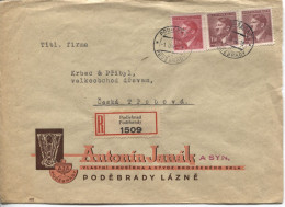 Delcampe - Böhmen Und Mähren Glasschleiferei Antonin Janak Podiebrad Einschreibebrief 1.9.44 - Covers & Documents