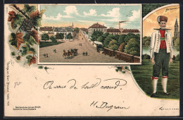 Delcampe - Lithographie Kehl, Strassenpartie Im Ort, Mann In Tracht - Kehl