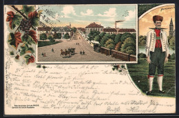 Delcampe - Lithographie Kehl, Strassenpartie Mit Pferdekutsche Im Ort, Mann In Tracht - Kehl