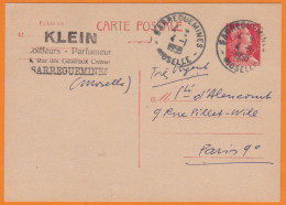 Delcampe - ENTIER 15 F  Mne De MULLER  Posté à 57 SARREGUEMINES Le 4 1 1958 Avec Pub " KLEIN Coiffeurs-Parfumeur " - Cartes Postales Types Et TSC (avant 1995)