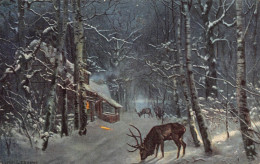 Delcampe - Winter Landscape In Forest At Night Cottage Reindeer Vintage Postcard - Autres & Non Classés